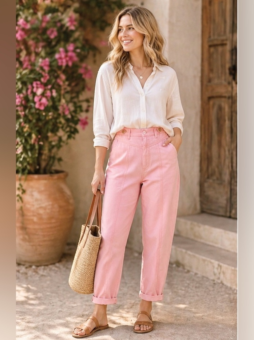 Free People Pink City of Lights High Waist Tapered Pants Size 31 NWT